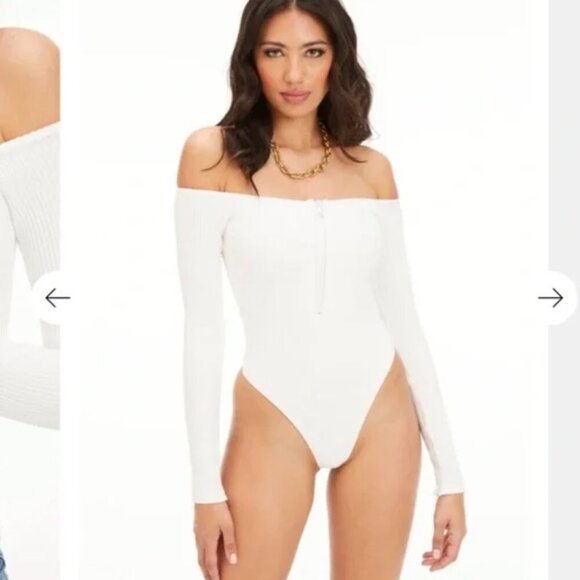 Good American Bodysuit Off the Shoulder Long Sleeve Ribbed Zip Up Ivory New XL - Picture 1 of 9